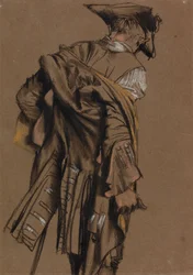Modell des Künstlers, von hinten gesehen, das eine Uniform des 18. Jahrhunderts anzieht
